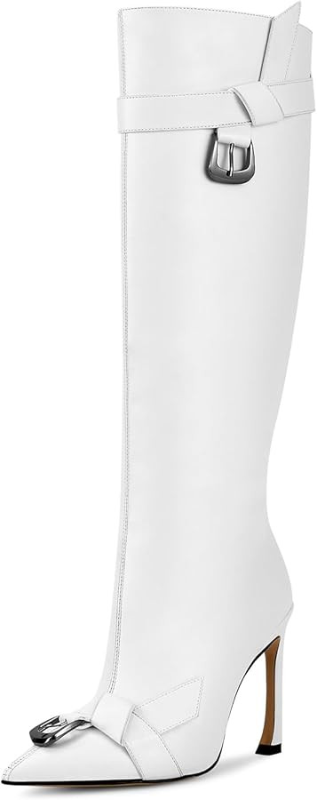 ISNOM Knee High Boots Women Tall Boots Pointed Toe Stiletto High Heel Metal Buckle Side Zipper Wi... | Amazon (US)