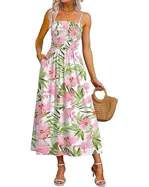 OFEEFAN Womens Spaghetti Strap Maxi Dresses Smocked with Pockets 2026 Summer Spring Casual Boho B... | Amazon (US)