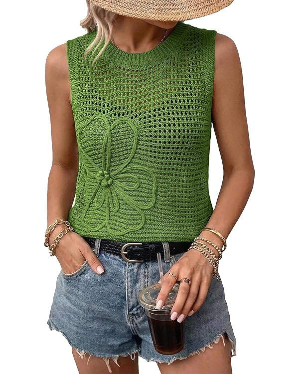 Zelroxa Women Summer Crochet Tank Tops Crewneck Sleeveless Hollow Out Knit Flower Sweater Vest To... | Amazon (CA)