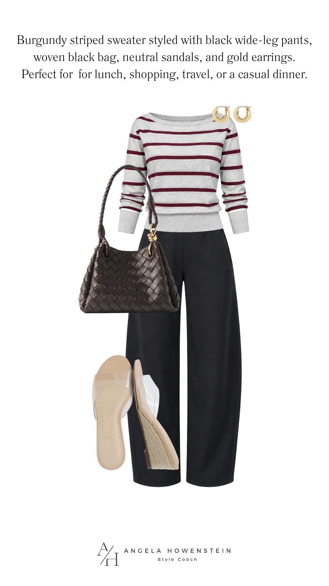This burgundy-and-ivory striped sweater with flowy black wide-leg pants is such an easy fall outfit. Add the woven black bag, neutral sandals, and gold earrings for lunch, shopping, travel, or a casual dinner.

👩‍💻 LTK PRO TIPS
❤️ Heart = Support my posts ;-)
🔖 Save = Get sale & restock alerts for the things you love!
📋 Lists = Keep favorites organized (List ideas: Christmas, Birthdays, and Vacations!)
📲 Share = Send lists and products to a friend (or your daughters like me).
💬 Comment = Ask me anything, and I’ll answer. ;-)

#LTKootd #LTKSeasonal #LTKOver40