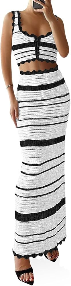 Saodimallsu Womens 2 Piece Sets Summer Striped Crochet Knit Coverup Sleeveless Button Crop Tank T... | Amazon (US)