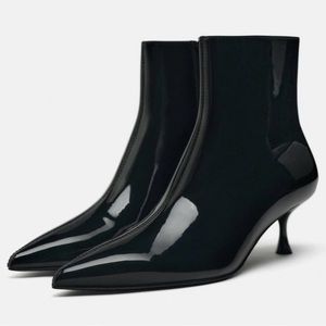 Zara black patent vegan leather ankle boots with kitten heels, 6.5/NIB, side zip | Poshmark