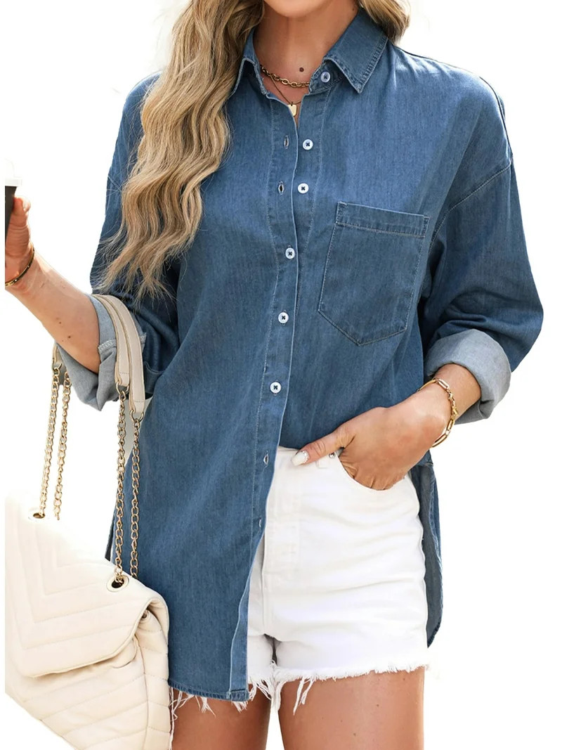 Fantaslook Denim Shirts for Women Button Down Blouses Long Sleeve Casual Tops Fall Outfits | Walmart (US)