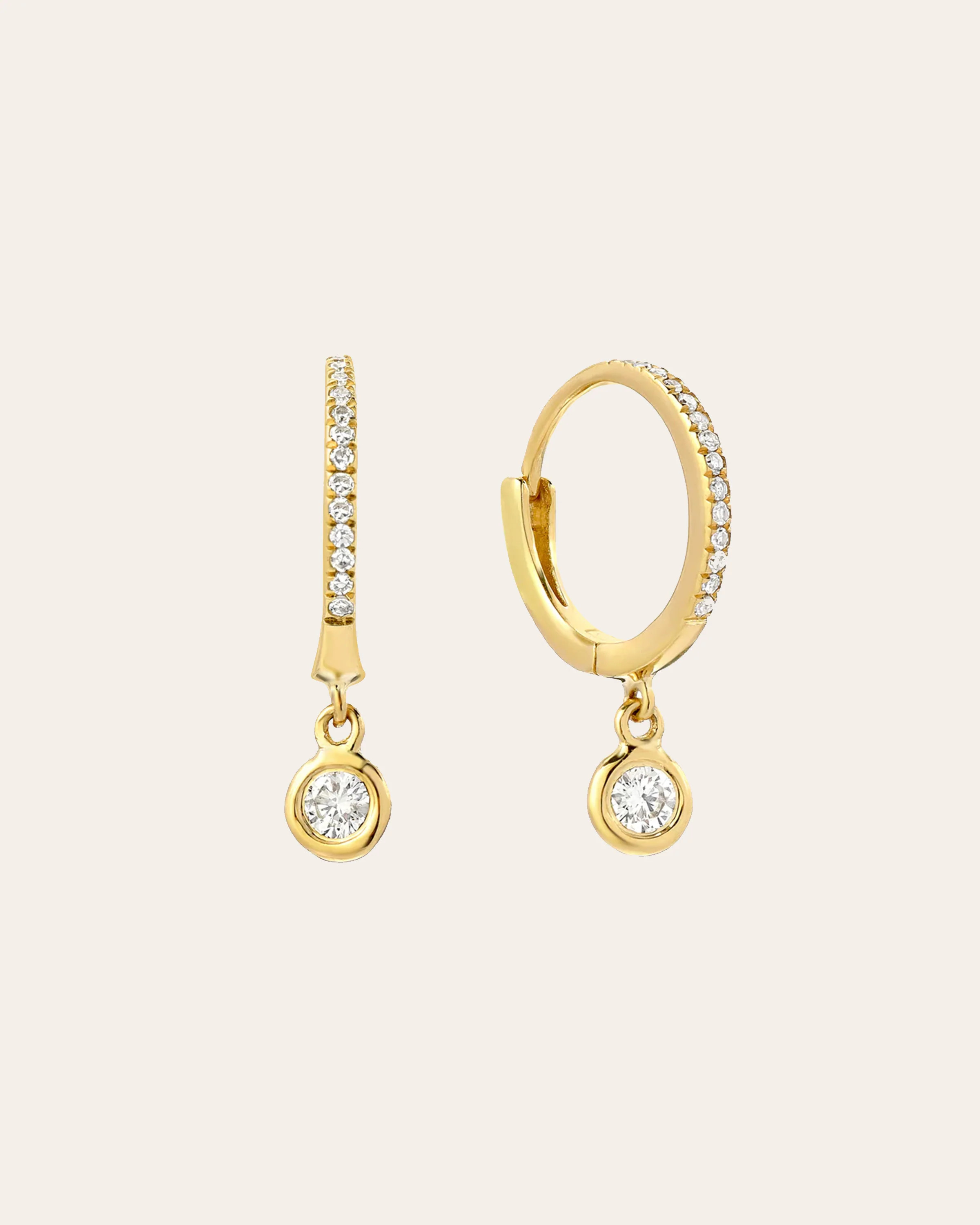 14k Gold Diamond Huggies with Drop Bezel Diamond | Zoe Lev Jewelry
