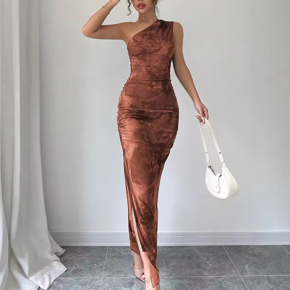 SRX238 Vestido feminino com gola inclinada, sem mangas, estampa floral, divisão lateral, justo -... | Ali Express BR