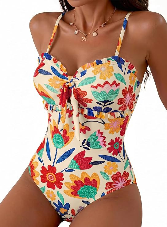Herseas Women's One Piece Swimsuit Knotted Front Ruffle Trim Bathing Suits Tummy Control Cutout S... | Amazon (US)