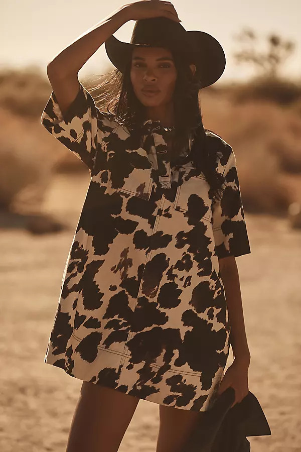 The Jeannie Short-Sleeve Denim A-Line Mini Dress by Maeve | Anthropologie (US)