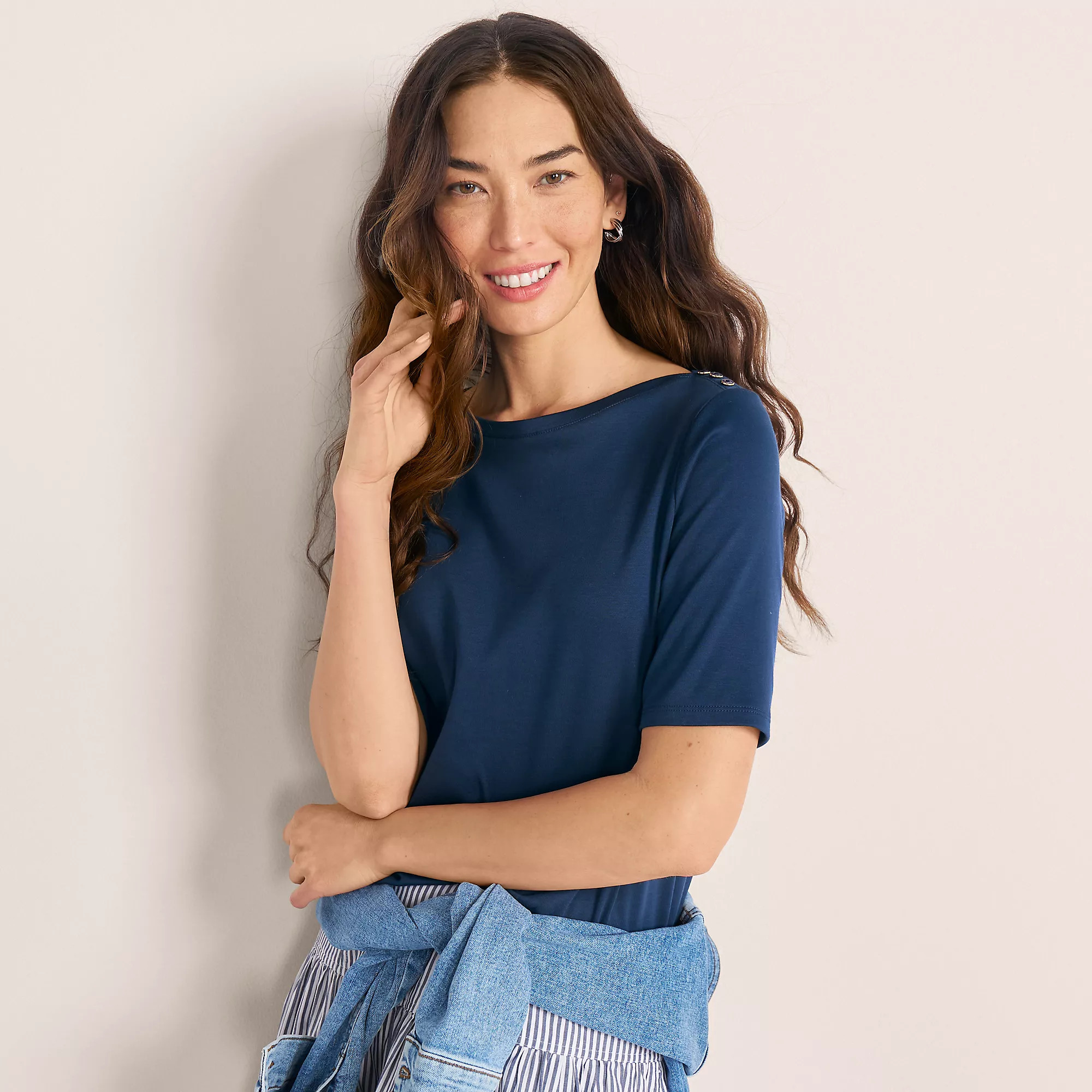 Women's Supima Cotton Elbow Sleeve Boatneck Button Shoulder Tee | Lands' End (US)