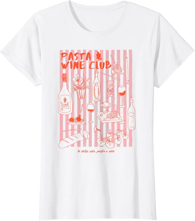 Pasta & Wine Club Illustration Foodie Clean Girl Aesthetic T-Shirt | Amazon (US)