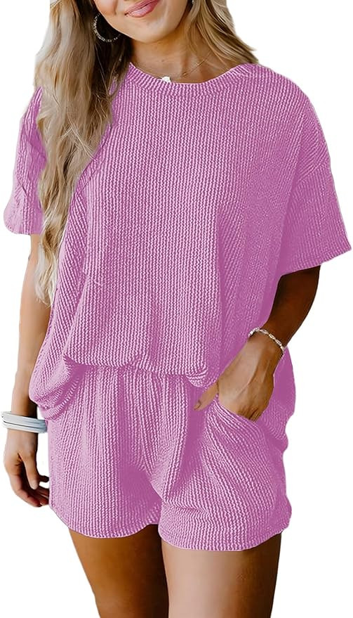 SHEWIN Two 2 Piece Sets for Women Short Sleeve Shirts High Waisted Shorts with Pockets Pajamas Lo... | Amazon (US)