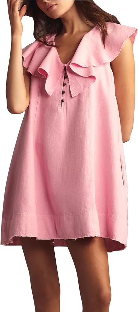 SCOFEEL Women's Summer Mini Dress Ruffle Sleeveless Shift Dress Casual V Neck Button Front Loose ... | Amazon (US)