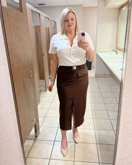 Office bathroom selfie! Office workwear ootd. Top and skirt fit true to size, wearing large in both  

#LTKover40 #LTKmidsize #LTKworkwear