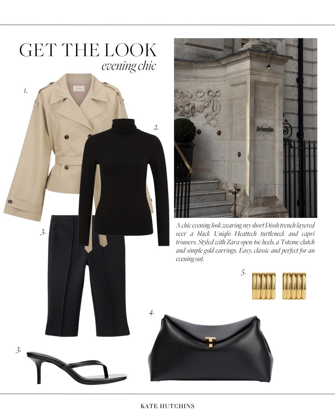 A chic evening look wearing my short Dissh trench layered over a black Uniqlo Heattech turtleneck and capri trousers. Styled with Zara open-toe heels, a Toteme clutch and simple gold earrings. Easy, classic and perfect for an evening out.

#LTKuk #LTKFashionMonth #LTKspring