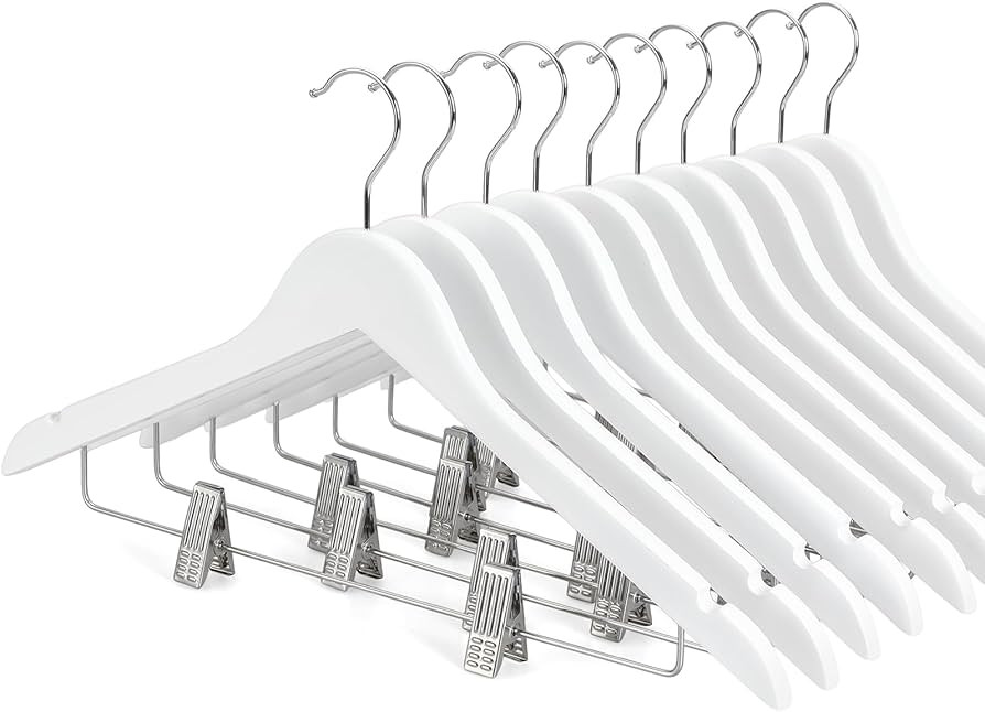 TOPIA HANGER Wooden Suit Hangers with Adjustable Metal Clips (10 Pack), Solid Smooth Wood Clothes... | Amazon (US)