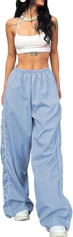 ZAFUL Womens Parachute Pants Y2K Wide Leg Cargo Sweatpants Drawstring Waist Jogger Pants with Poc... | Amazon (US)
