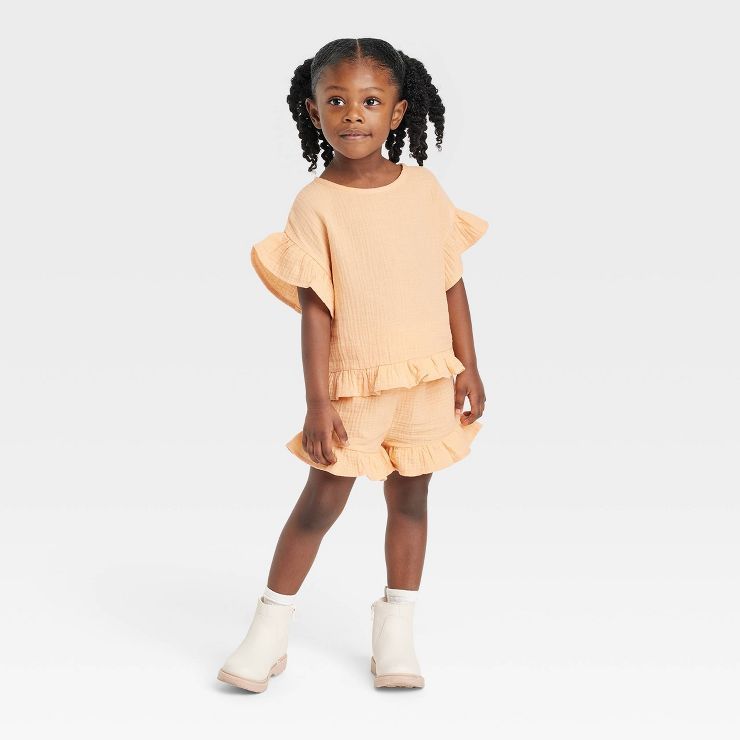 Grayson Collective Toddler Girls' Gauze Ruffle Short Sleeve Top & Shorts Set - Peach Orange | Target