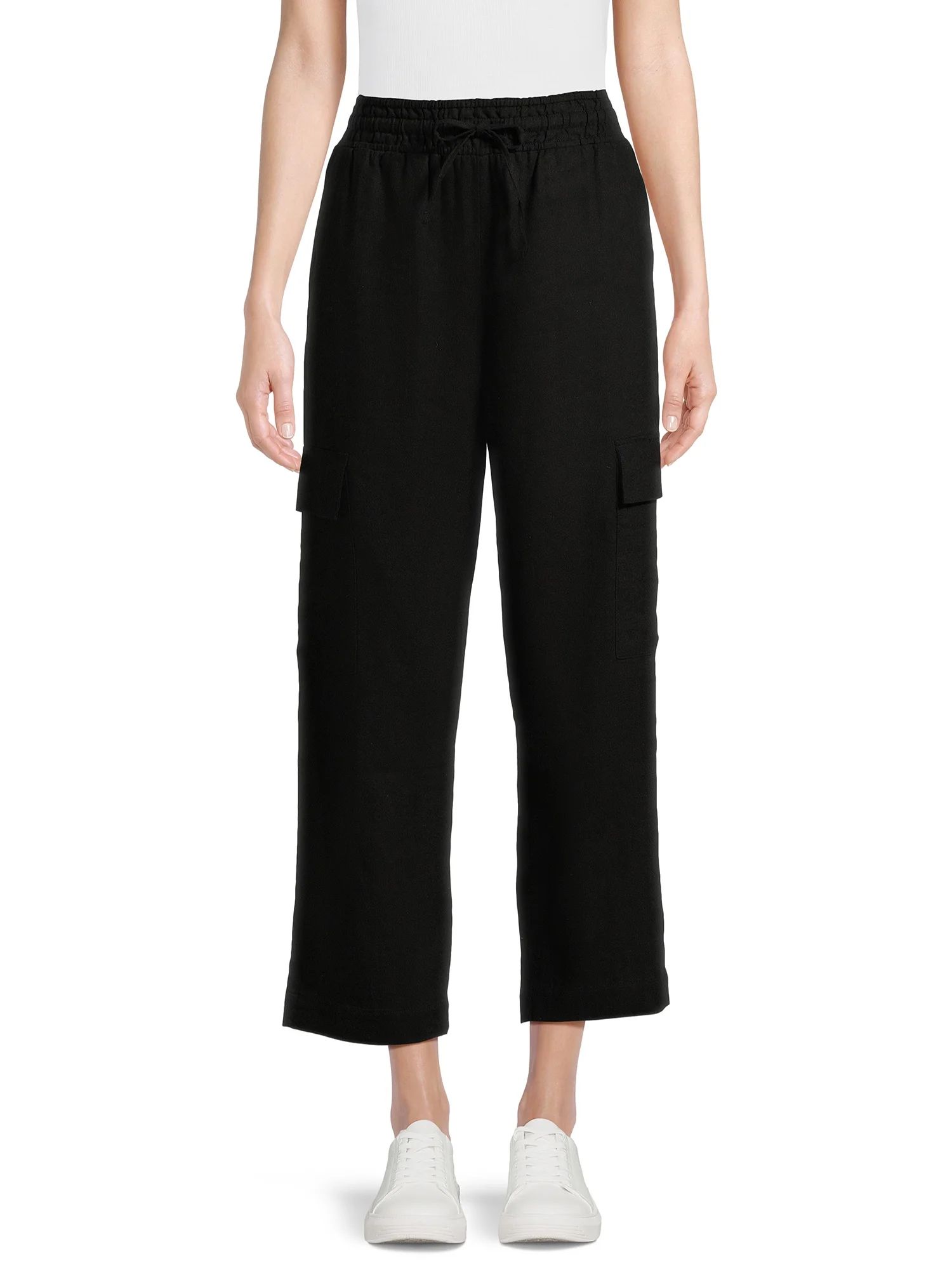 Time and Tru Women's High Rise Pull on with Drawstring Straight Leg Cargo Linen Pants, Size XS-XX... | Walmart (US)