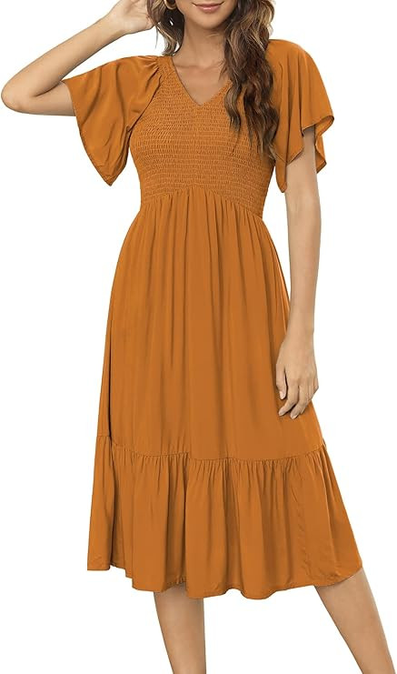 Kranda Women V Neck Short Flutter Sleeve Solid Smocked Ruffle Pleats Midi Dress | Amazon (US)