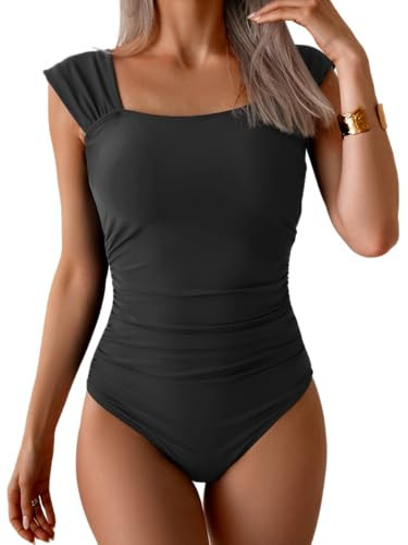 B2prity Womens One Piece Swimsuit Retro Square Neck Tummy Control Bathing Suits Ruched Modest Full Coverage Swimwear(Black) | Amazon (US)