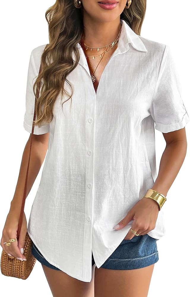 Zeagoo Women Linen Button Down Shirt Rolled Cuffed Short Sleeve Blouse Ladies Summer Casual V Nec... | Amazon (US)