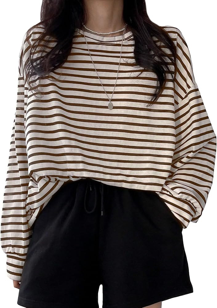 GORGLITTER Women's Strip Round Neck T-Shirt Long Sleeve Drop Shoulder Tee Top | Amazon (US)