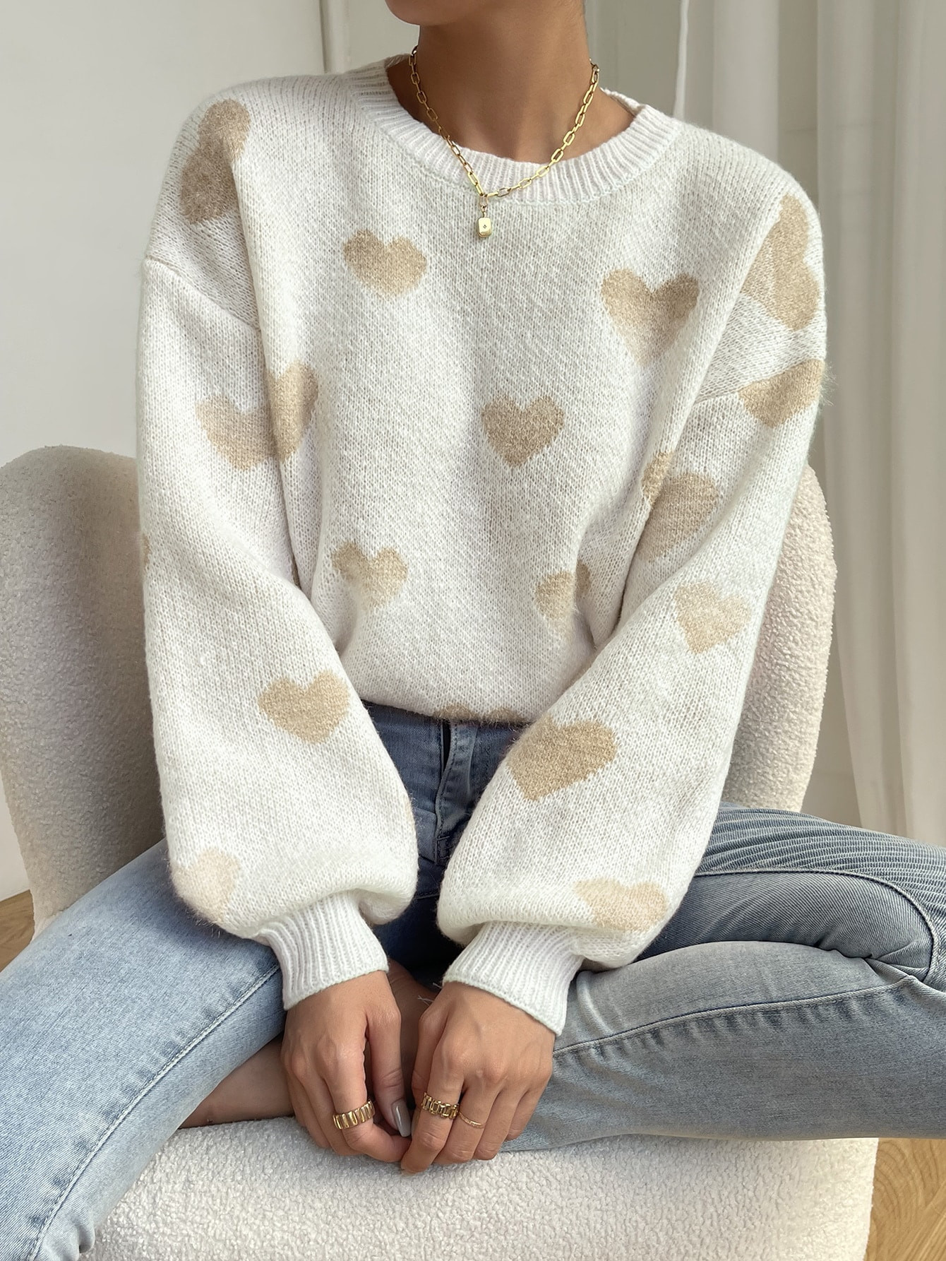 SHEIN Qutie Heart Pattern Drop Shoulder Sweater | SHEIN