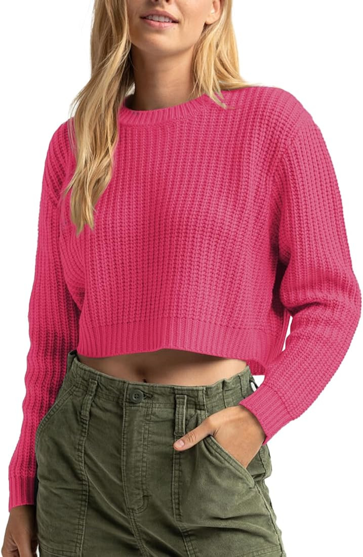 Jumppmile Women's Cropped Sweater Knit Long Sleeve Crewneck Soft Pullover Sweater Top | Amazon (US)