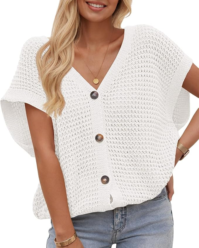 Fisoew Women's Short Sleeve Crochet Cardigans Sweater Tops Summer Button Down V Neck Casual Knit ... | Amazon (US)