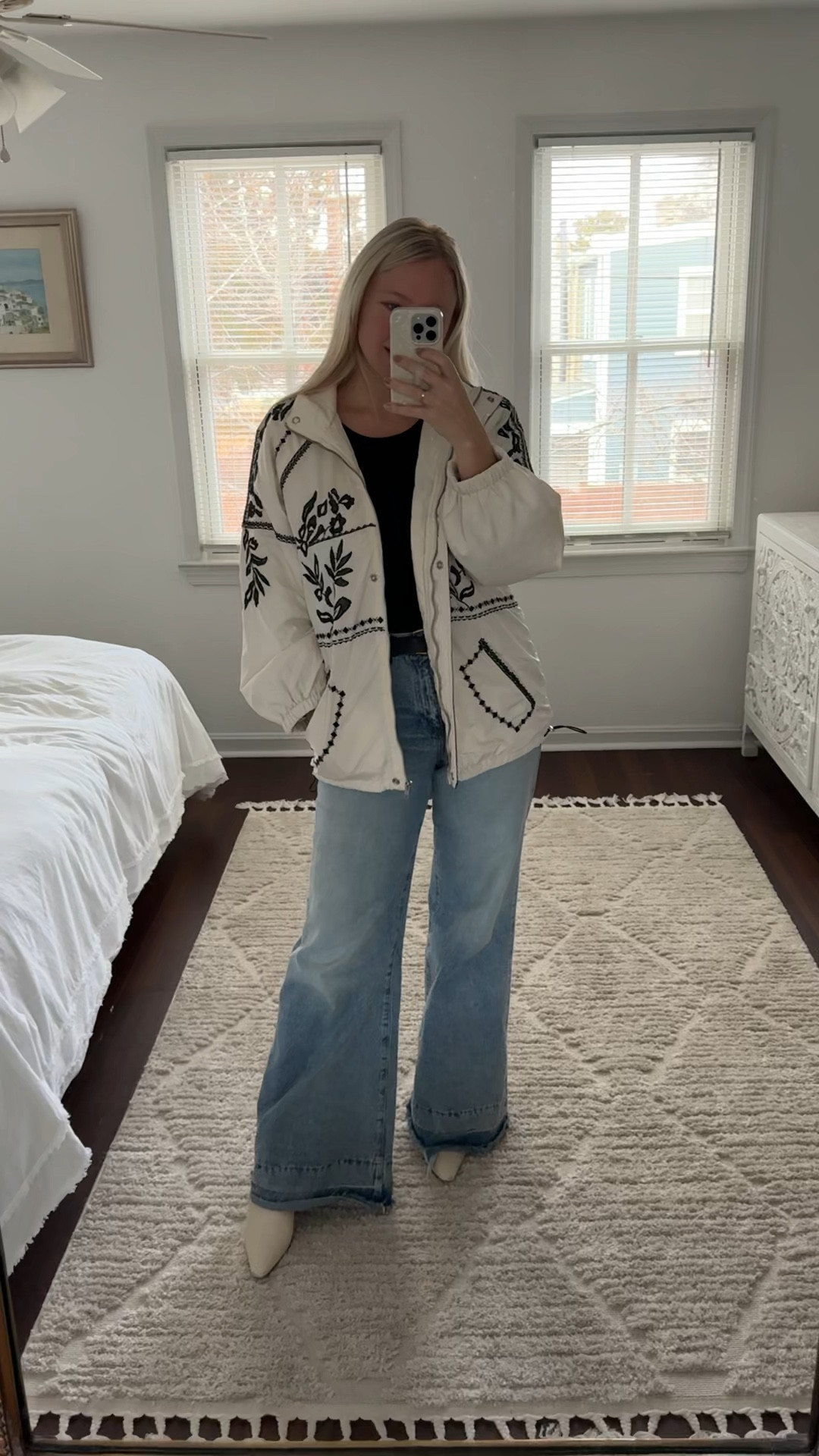 Sale outfit ✨ Every item I’m wearing is currently under $65 - yes, the jacket, the jeans, the boots! The embroidered jacket is the perfect fun touch to elevate jeans and a tee. The wide leg jeans are super flatting and the boots are sneaky comfortable. Boots and jeans are true to size and I took a small in the jacket. 

Winter jacket, spring jacket, wide leg jeans, target basics, black tee, black belt, errand outfit, fall transition outfit, spring transition outfit, cream booties, spring boots

#LTKMidsize #LTKFindsUnder100 #LTKSaleAlert
