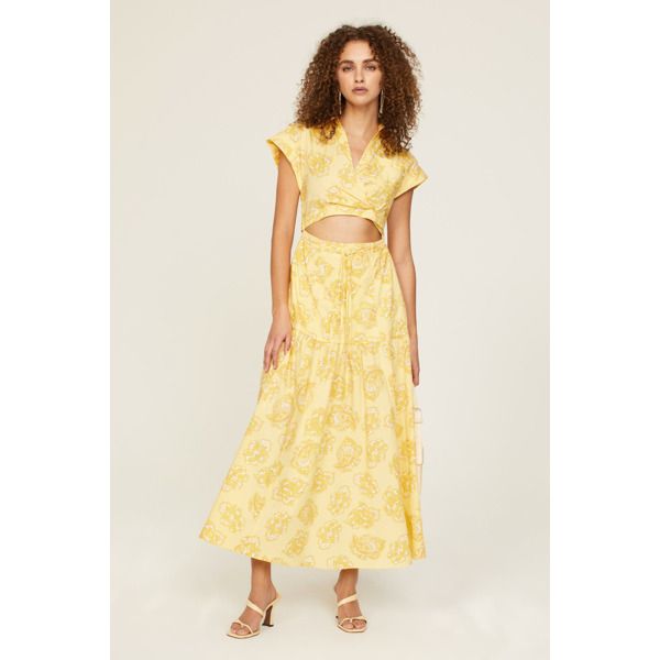Derek Lam Collective Cutout Tie Waist Midi Dress Yellow-print | Rent the Runway