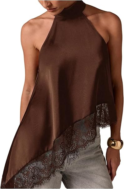 Milumia Women's Y2k Halter Mock Neck Sleeveless Top Lace Asymmetrical Hem Going Out Tank Tops | Amazon (US)