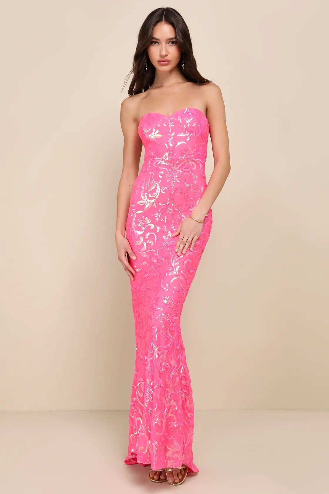 Glam Aura Hot Pink Iridescent Sequin Strapless Maxi Dress | Lulus