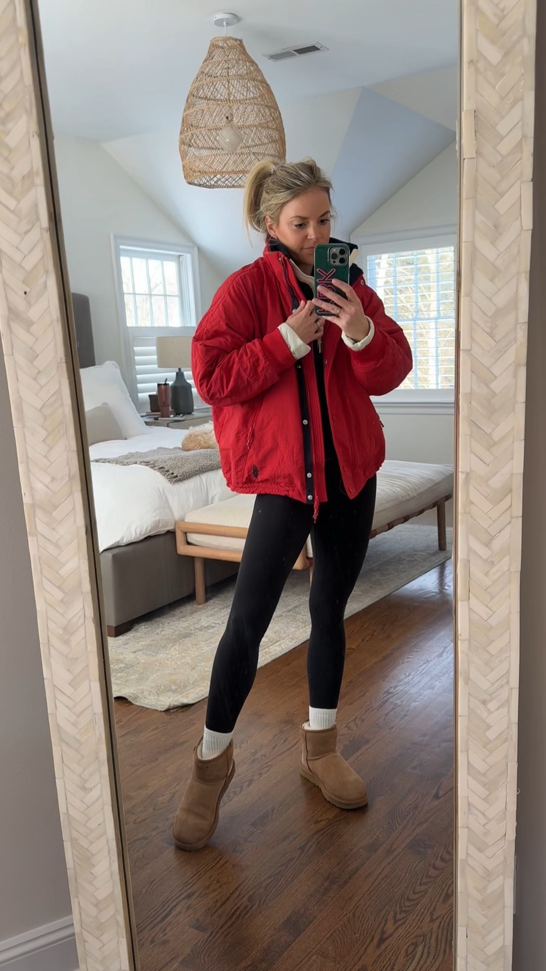 I’m a sucker for a pop of red and loved the subtle details on this coat. Warm and comes in several colors. Wearing a small 