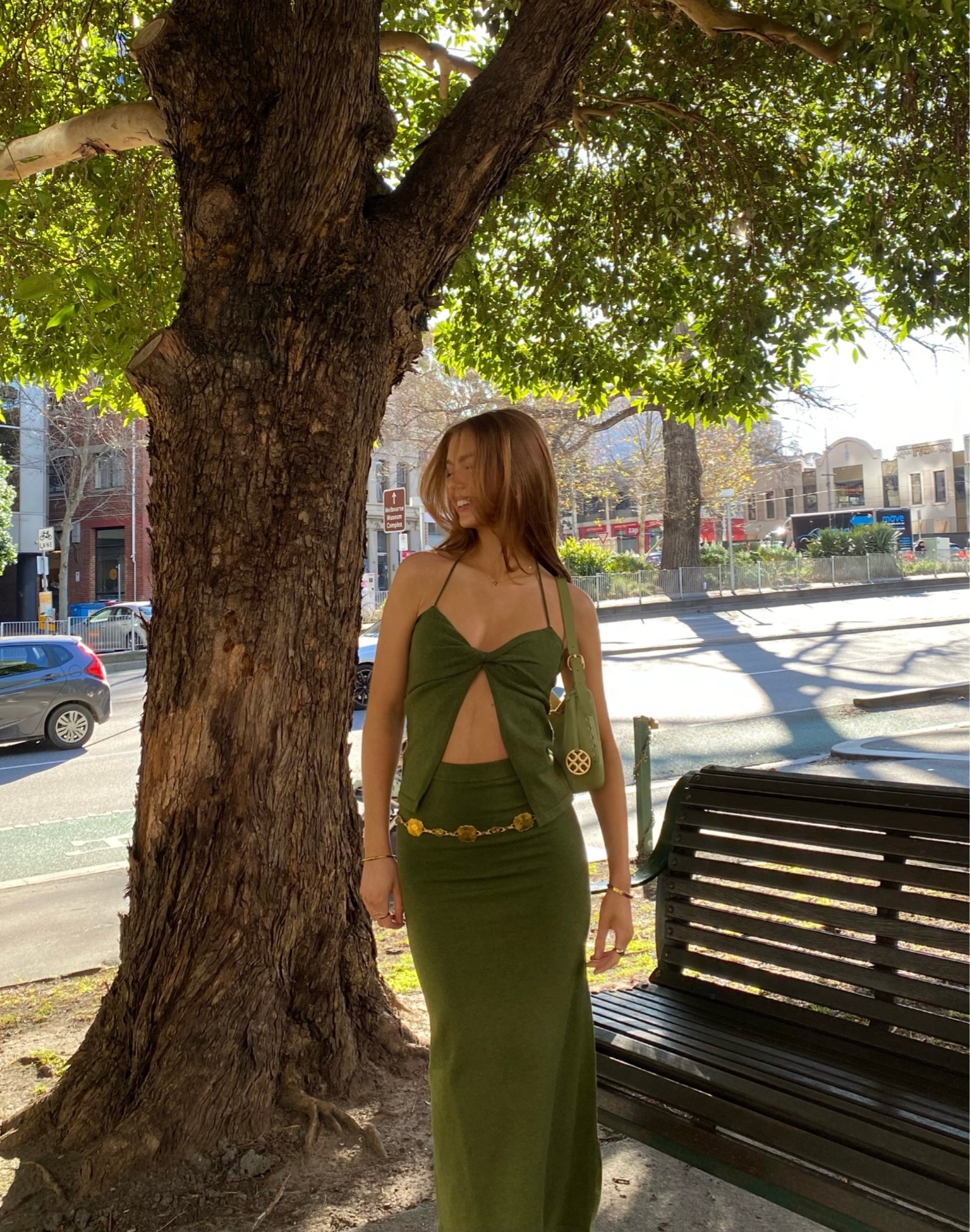Green set, spring style outfit, Pinterest fashion aesthetic, cute going out outfits, midi skirt set, twist tie top, summer fashion ideas, ootd 2023, vintage chain belt

#LTKaustralia #LTKFind #LTKSeasonal