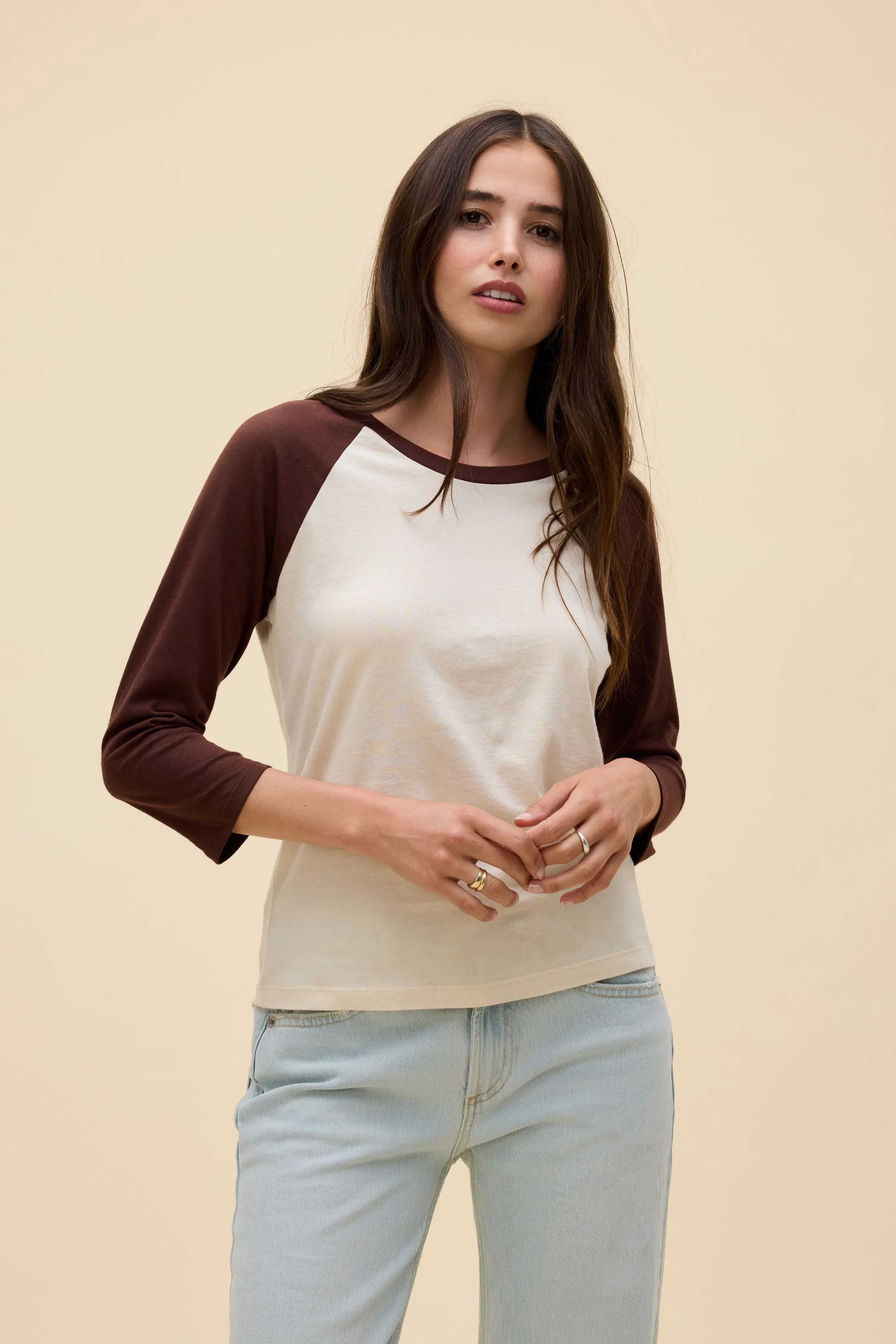Solid Slim Raglan Tee in Brown & White | 100% Cotton T-Shirt in Dark Auburn Combo | Daydreamer