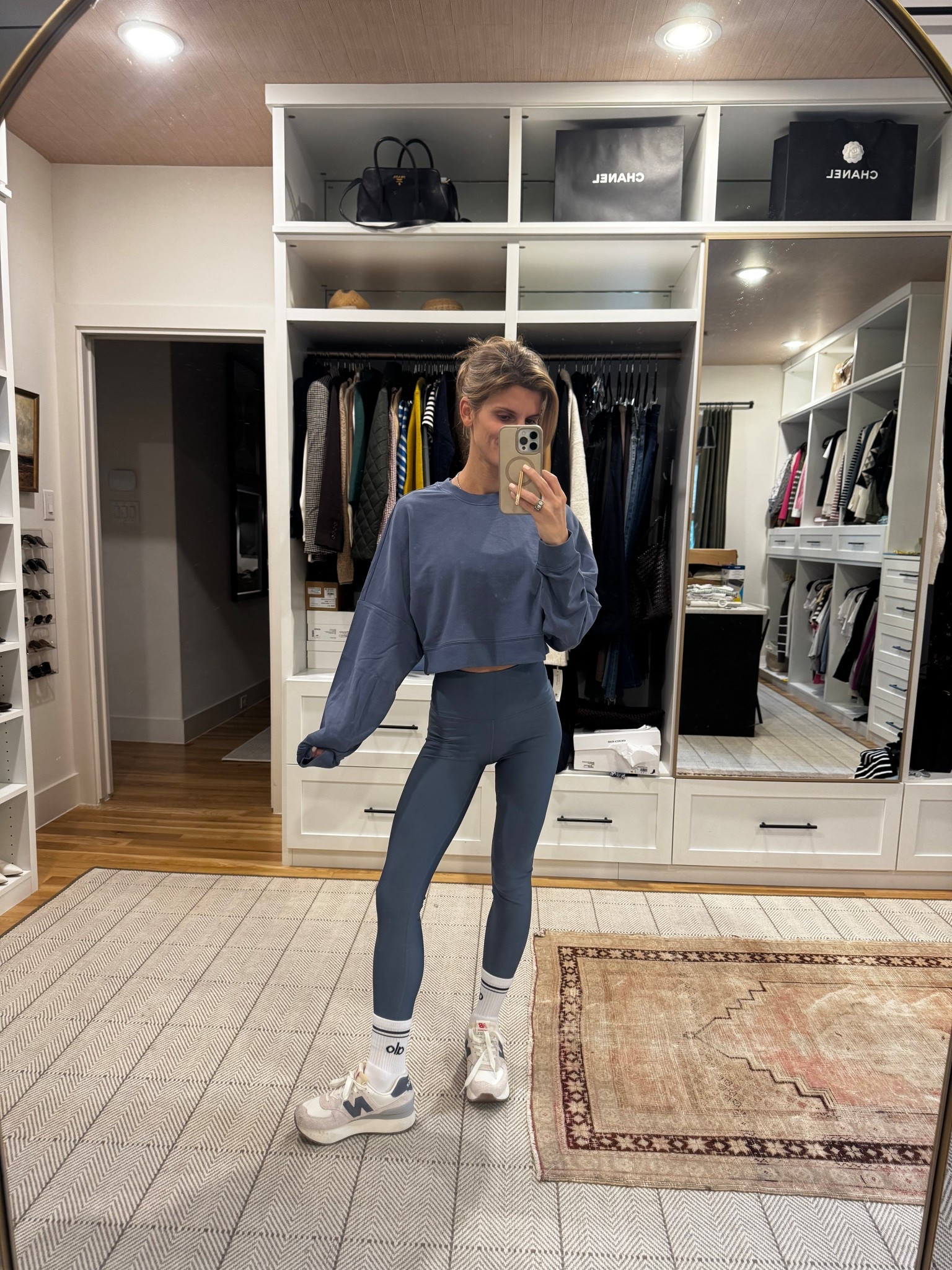 New Alo color - bluestone! Wearing XS in everything. Sneakers are old colorway 574’s