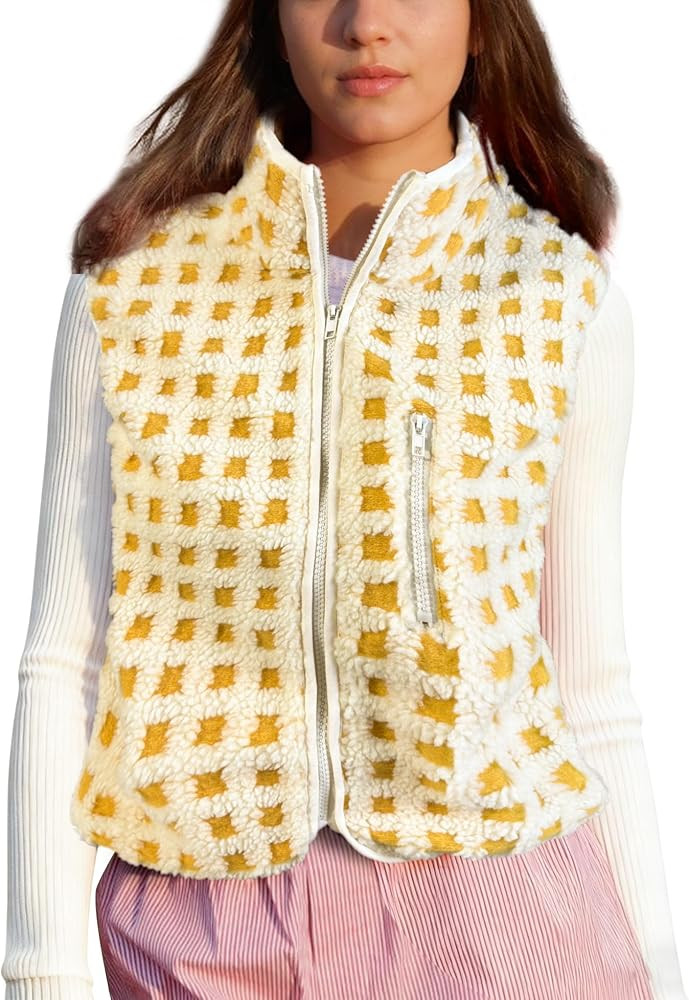 Womens Checkered Sherpa Vest Sleeveless Winter Fleece Jacket High Neck Zip Up Plaid Gilet with Ch... | Amazon (US)