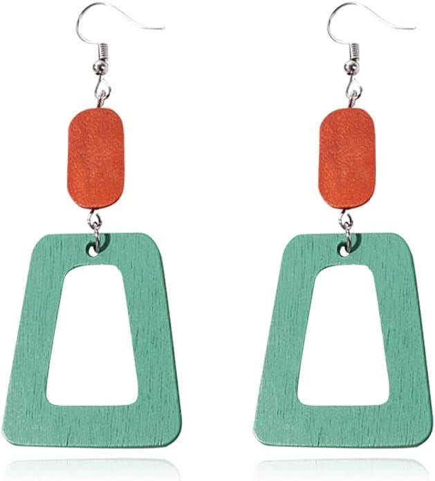 ANXIN Boho Personality Retro Tassel Rectangular Wooden Contrasting colors Earrings Chic Green Tem... | Amazon (US)