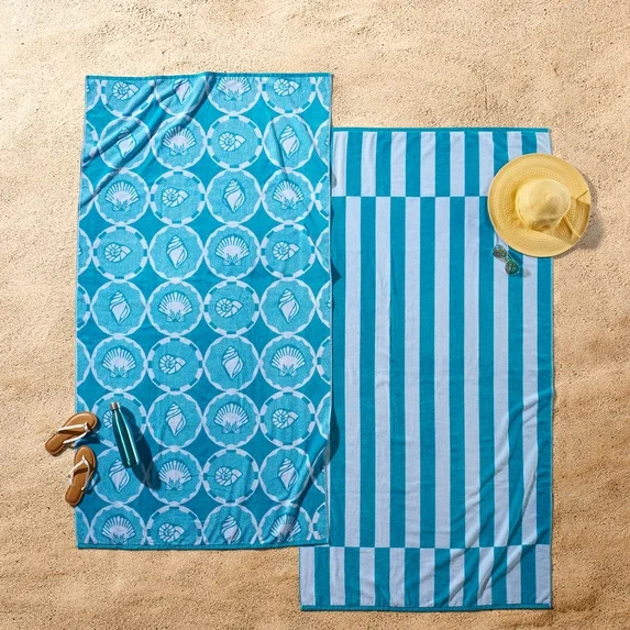Better Homes & Gardens 2 Pack Cotton Blend Beach Towels, 72 x 38 in, Blue Seashell | Walmart (US)