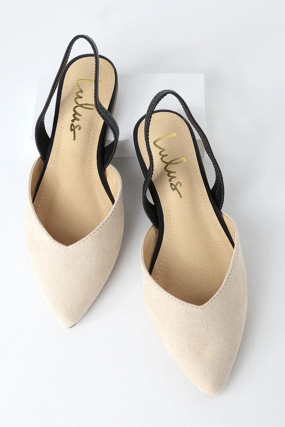 Mae Beige and Black Suede Pointed-Toe Slingback Flats | Lulus (US)
