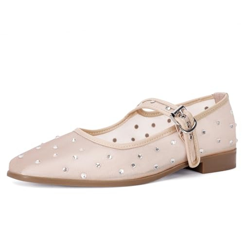 DOEYG Mesh Ballet Flats Mesh Flats for Women Cap Toe Rhinestone Ballet Flats with Strap Sparkly Square Toe Mary Jane Flats Comfortable Casual Buckle Straps Ballerina Shoes | Amazon (US)