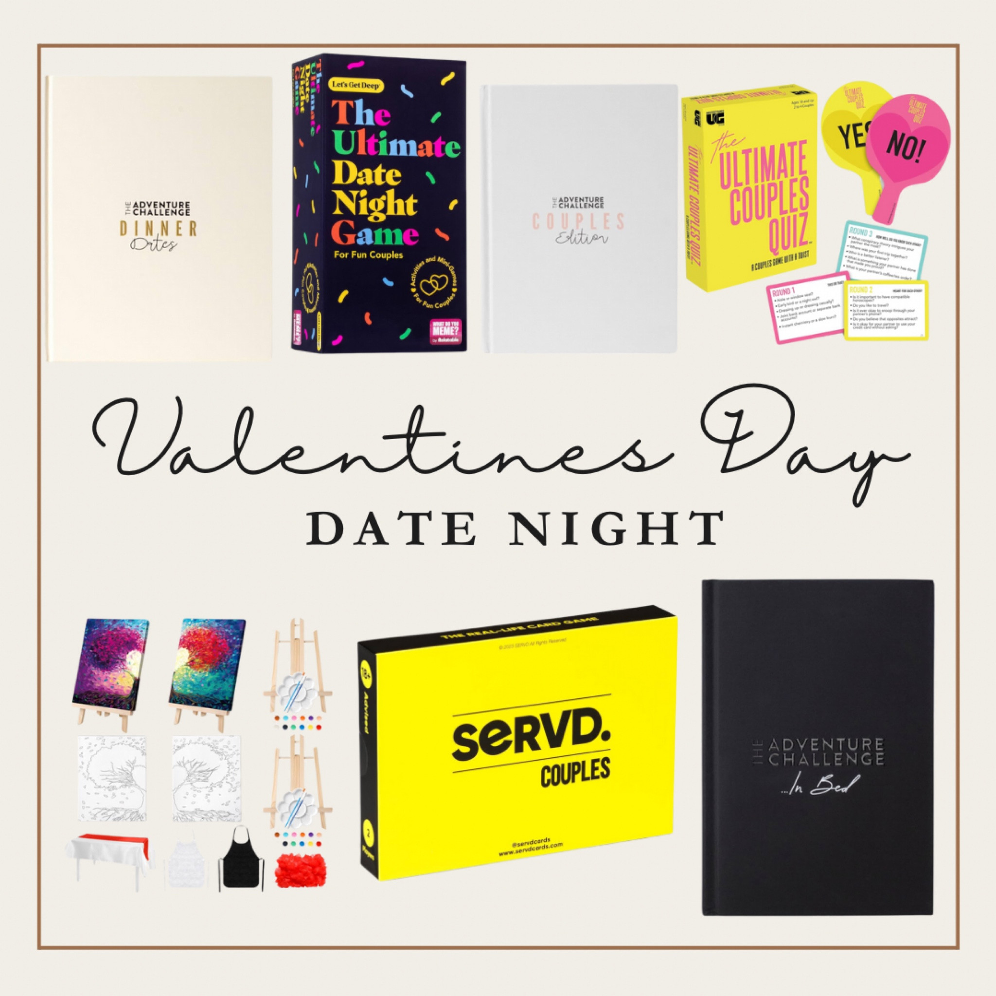 We have LOVED the adventure challenge scratch off dates! We even spiced things up and got the “in bed” adventure challenge. To keep our married well adventurous. These fun scratch offs give you a symbol to choose date options like time (how long each date will take), cost, place, babysitter needed or not and even outdoor or indoor date without revealing the date adventure; which helps with expectations but not ruining the fun! I will post a video to give you a sneak peak. 

Here are some other options that sound fun as well.

#LTKSeasonal #LTKMostLoved #LTKGiftGuide