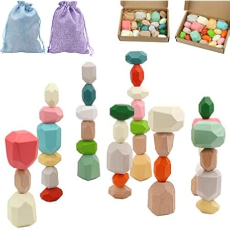Jacootoys 36 PCs Wooden Stacking Rocks Balancing Stones, Colorful Montessori Building Blocks Toys Wo | Amazon (UK)