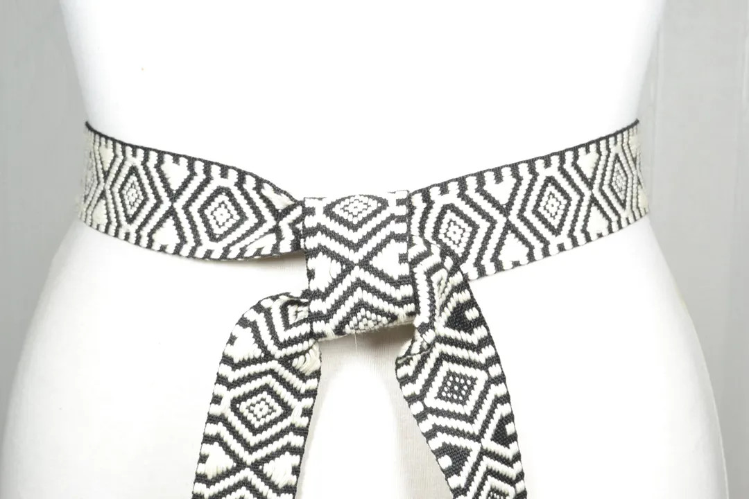 Vintage Black and White Geometric Woven Cotton Belt with Fringe Tassel, Boho tie up | Etsy (US)