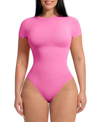 FeelinGirl Shapewear Pink Bodysuit Plus Size Short Sleeve Body Suits | Amazon (US)