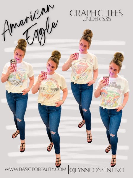 American Eagle Graphic Tees under $35 • These tops are currently on sale for $32 and they are so incredibly soft! They have a very oversized fit so be sure to size accordingly. I went with a more form fitting look so I’m wearing XS in all of them and the fit is amazing! 

#LTKsalealert #LTKmidsize #LTKstyletip