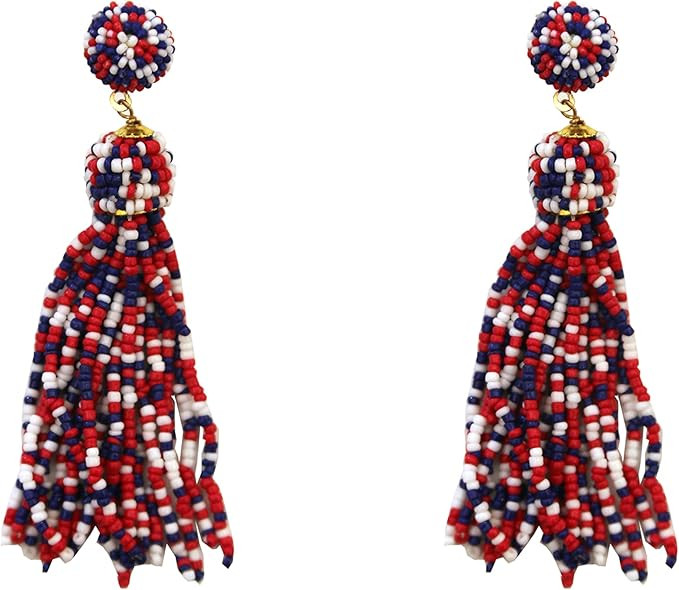 Lux Accessories July 4th Goldtone Red, White, Blue Tassel Beaded Drop Dangle Stud Earrings | Amazon (US)