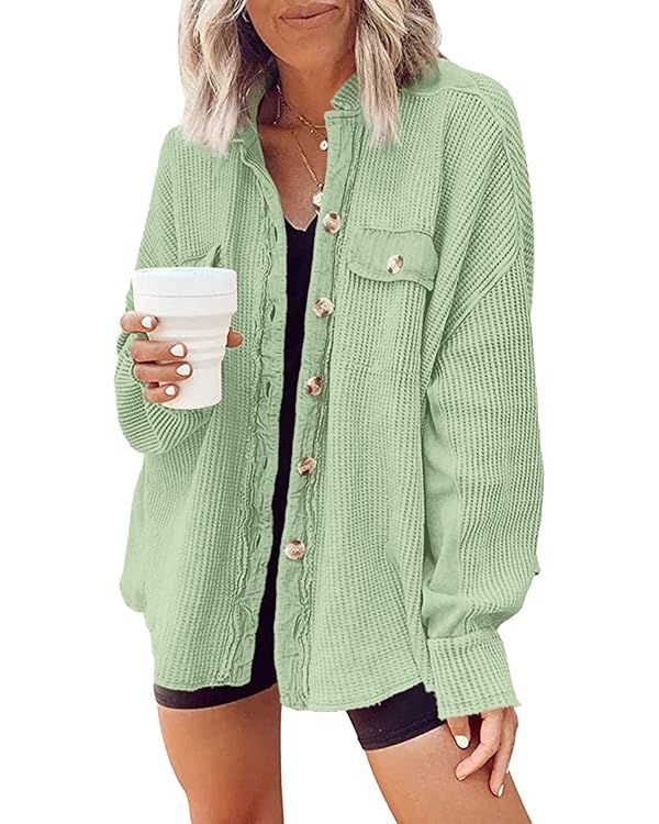 Yanekop Womens Waffle Knit Shacket Boyfriend Shirt Jacket Button Down Blouse Loose Fit Long Sleev... | Amazon (US)