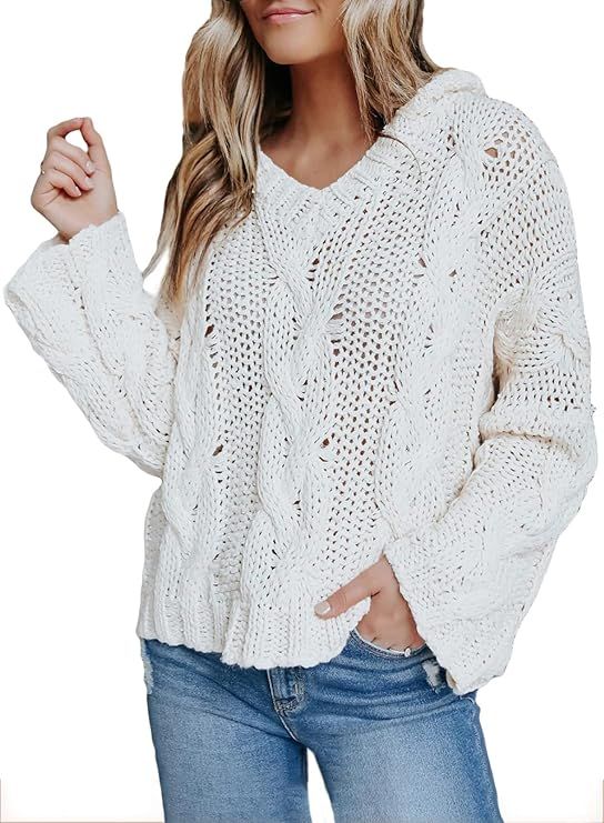 Dokotoo Womens Casual V Neck Long Sleeve Cable Knit Hooded Pullover Sweaters | Amazon (US)