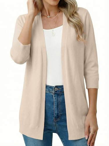 CRAZY GRID Lightweight Cardigans for Women Oversized Casual 3/4 Sleeve Open Front Breathable Cardigan Sweater Knit Coat Apricot XX-Large | Amazon (US)